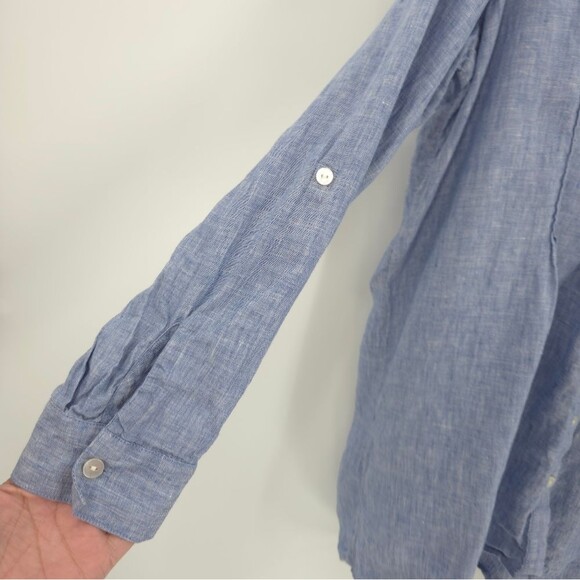 J.Jill 100% Linen Pintuck Tunic Top Button Front Roll-Tab Sleeve Blue Love Linen - Picture 8 of 15